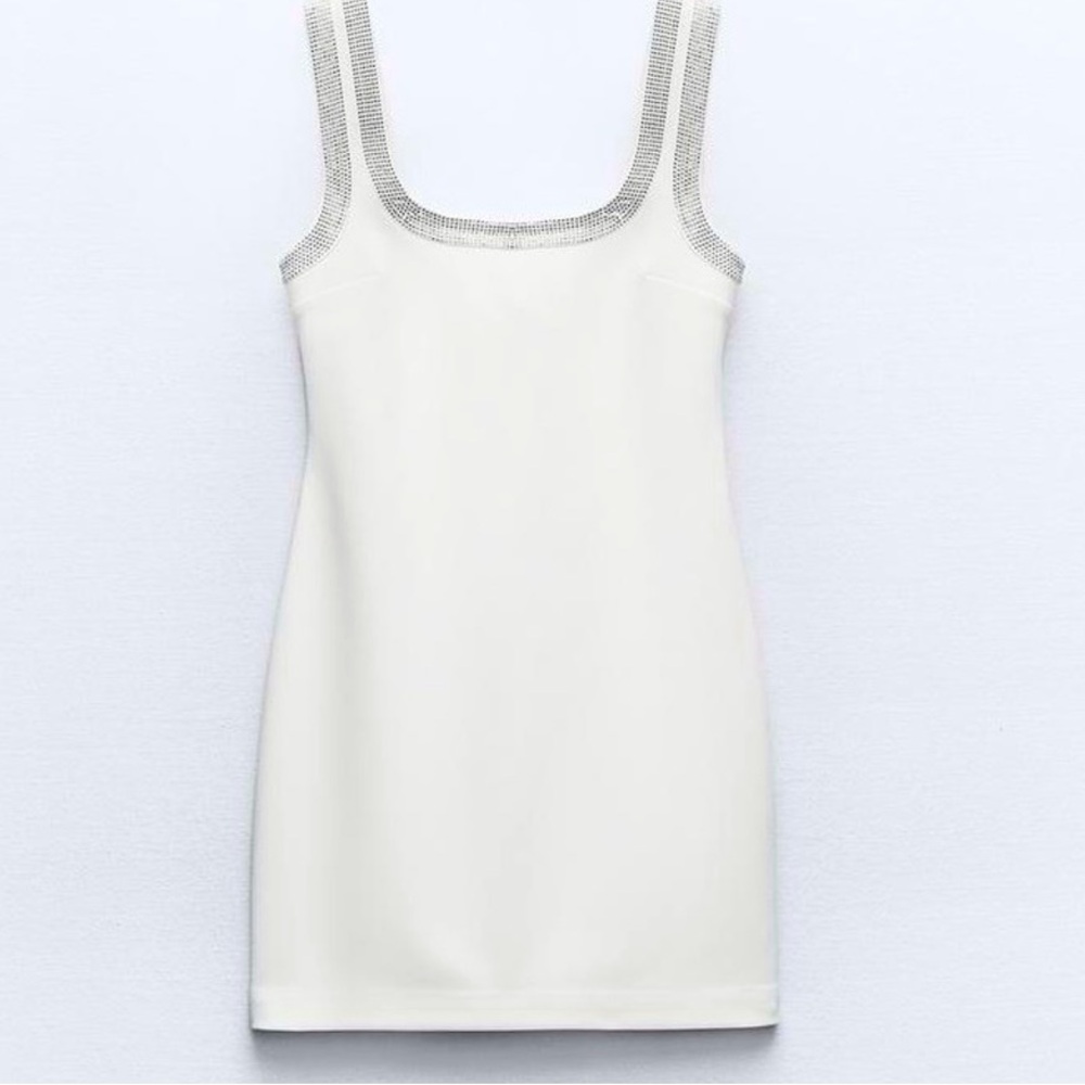 ZARA Rhinestone Trim White Mini Sleeveless Dress XS, M NWT